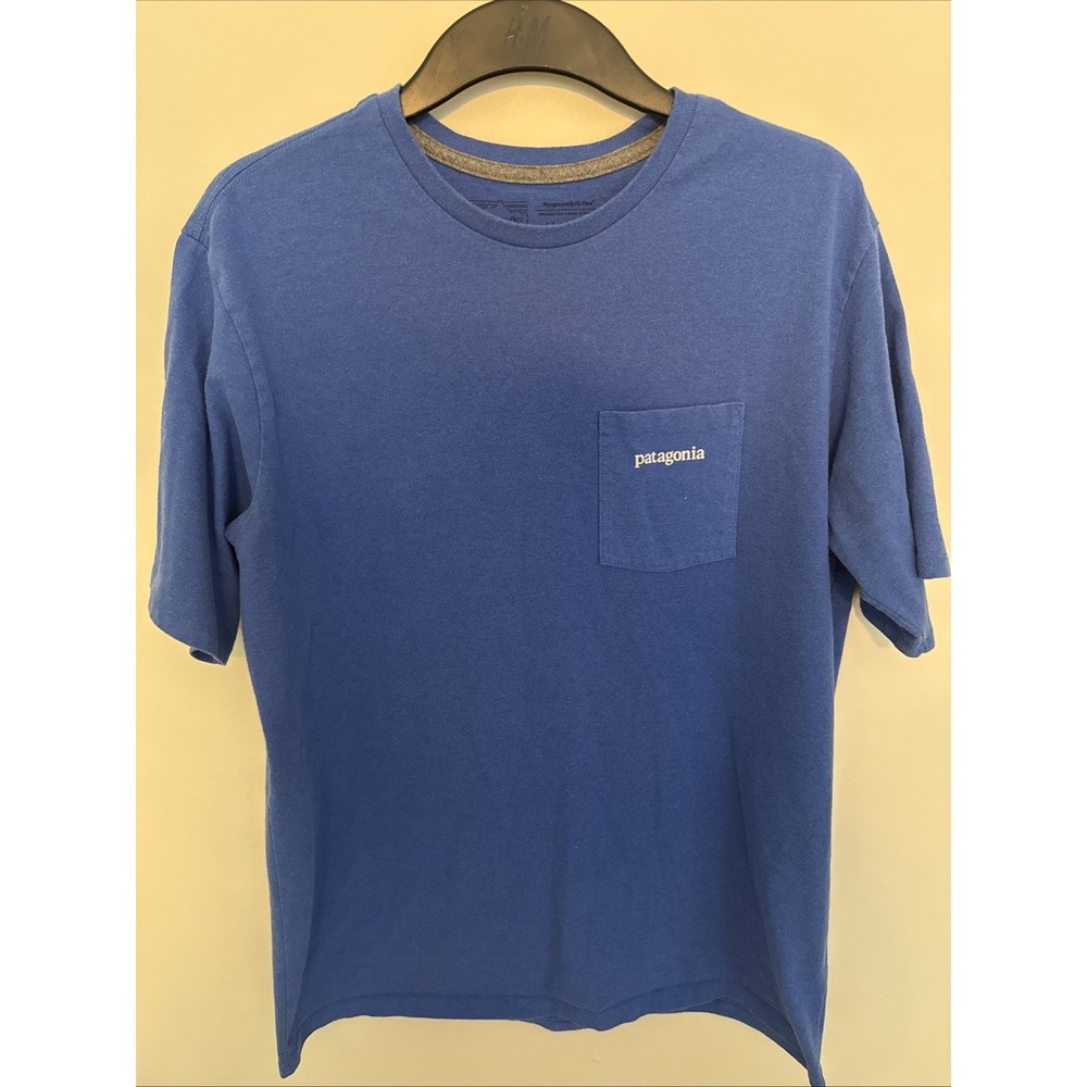 Patagonia Responsibili Tee Shirt T-Shirt Mens Medium Blue Box Logo Graphic